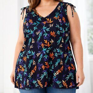 Woman Within Top Sleeveless Flattering Knit Tropical Floral V Neck A Line 3X